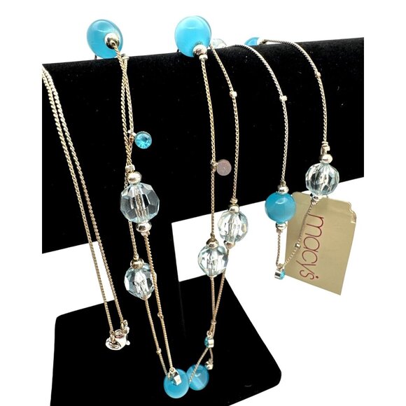 Extra Long Blue Silver-Tone Necklace Clear Beads Delicate Elegant - Picture 4 of 5